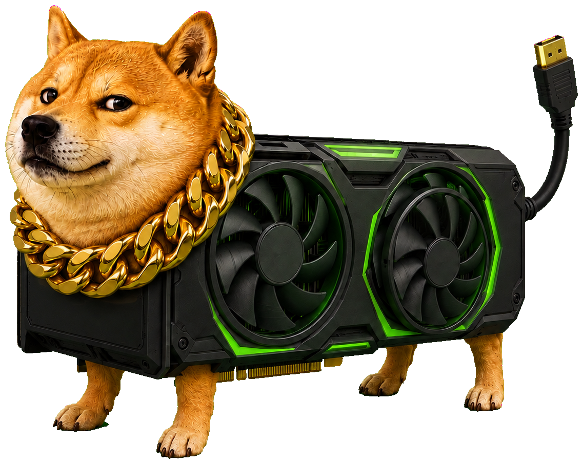 Shiba Inu with a graphics card body, gold chain, and cable tail